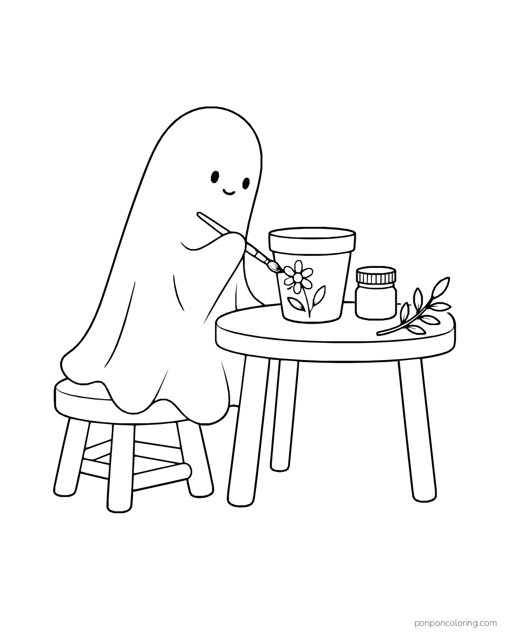 A ghost paints flowers on a pot at a small table with a jar and leaves.
