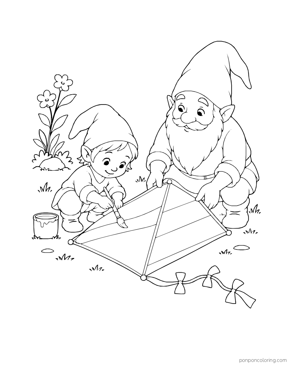 Young gnome painting a large kite while an older gnome steadies its frame outdoors.