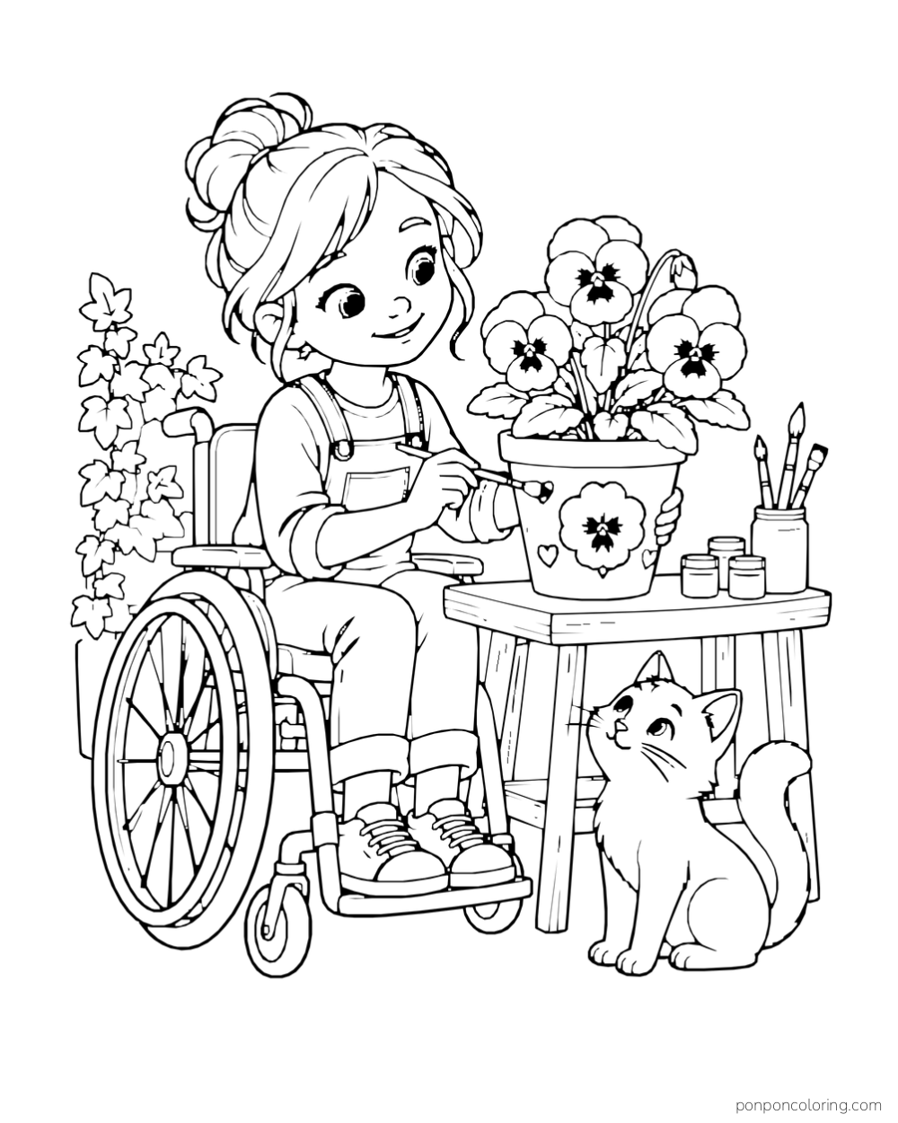 A girl in a wheelchair paints a flowerpot of pansies at a small table while a cat watches.