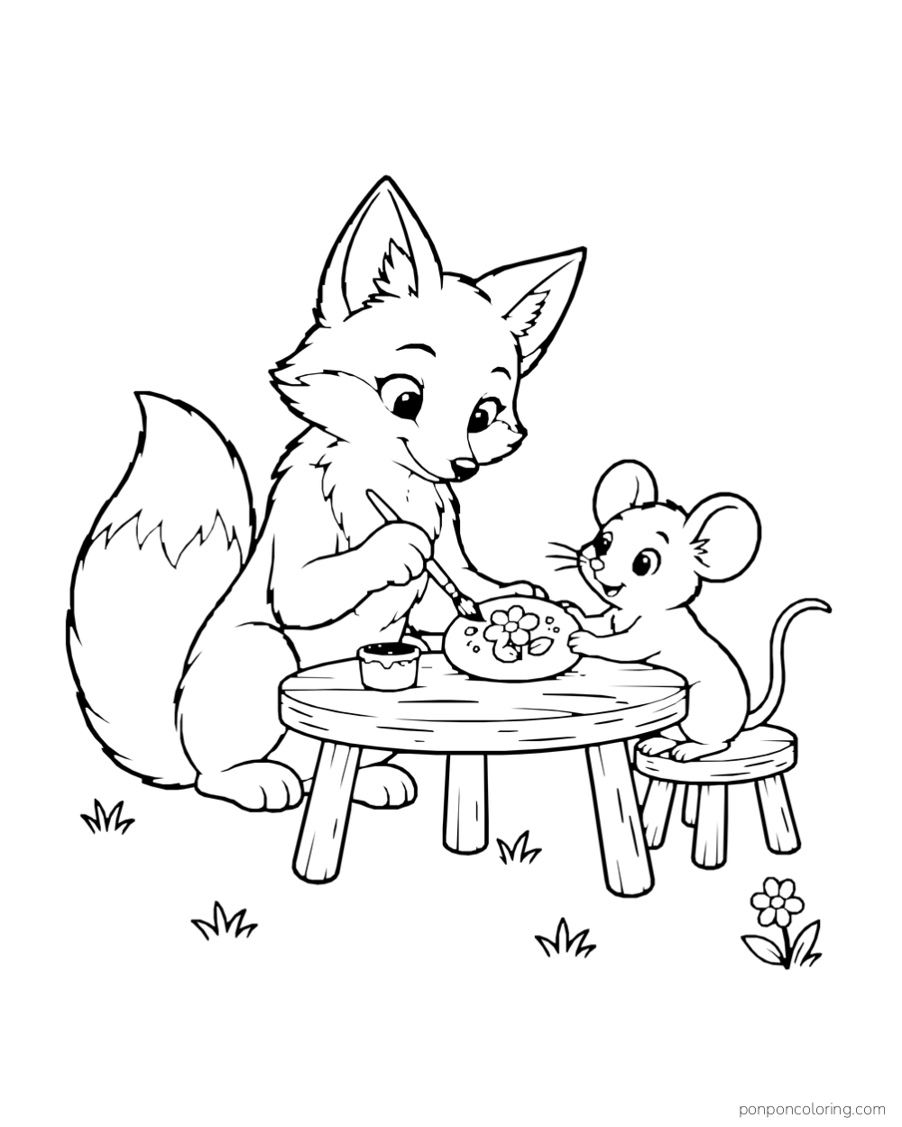 A fox and mouse work on a round patterned object at a low table.