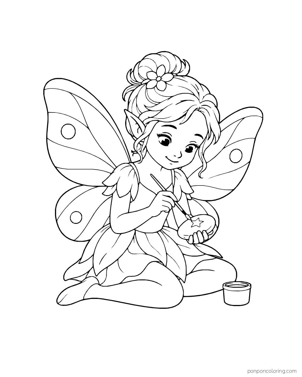 Fairy painting a small pebble with a brush beside a paint cup.