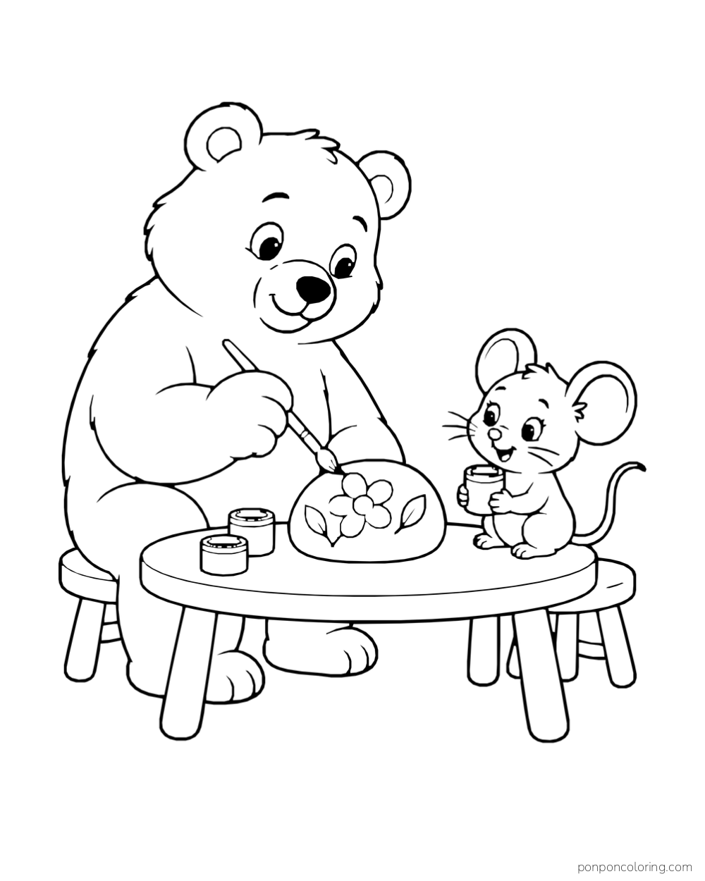 A bear paints a flower on a round stone while a mouse sits at the same low table.