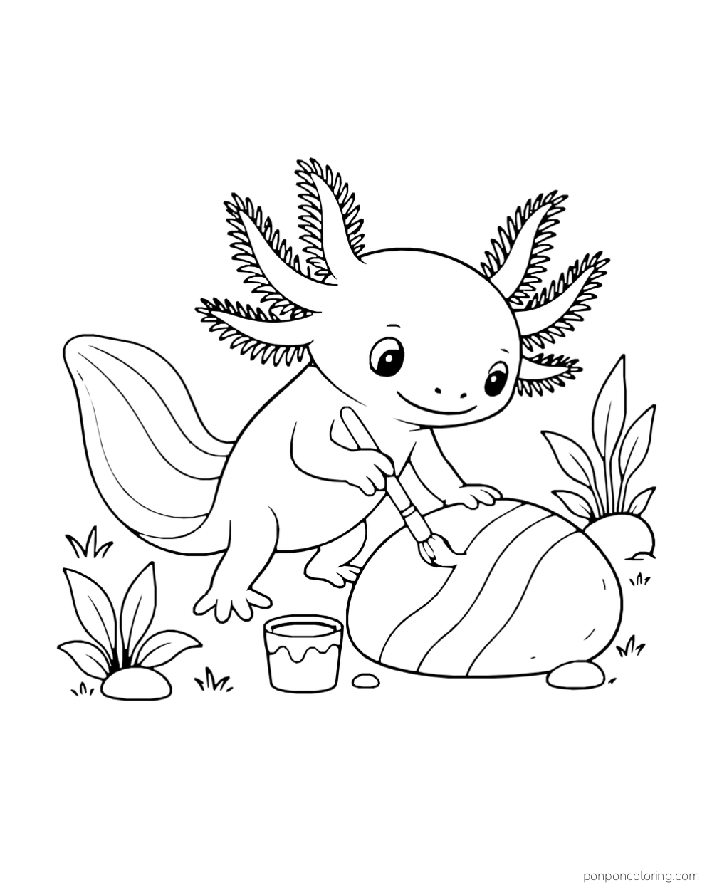 Axolotl using a brush on a large striped stone beside a small paint cup.