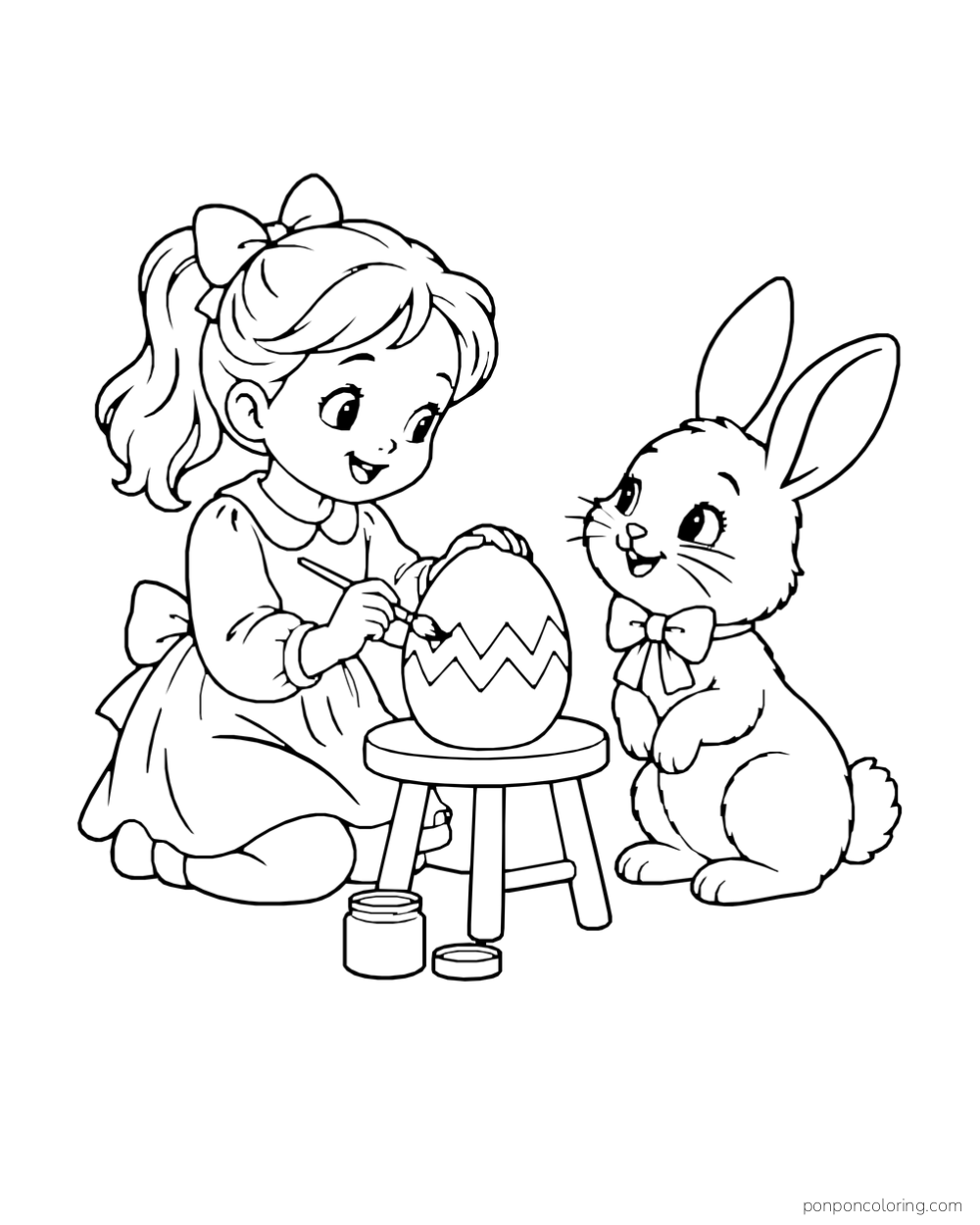 A child paints a zigzag band on an egg set on a stool while a rabbit with a bow watches.