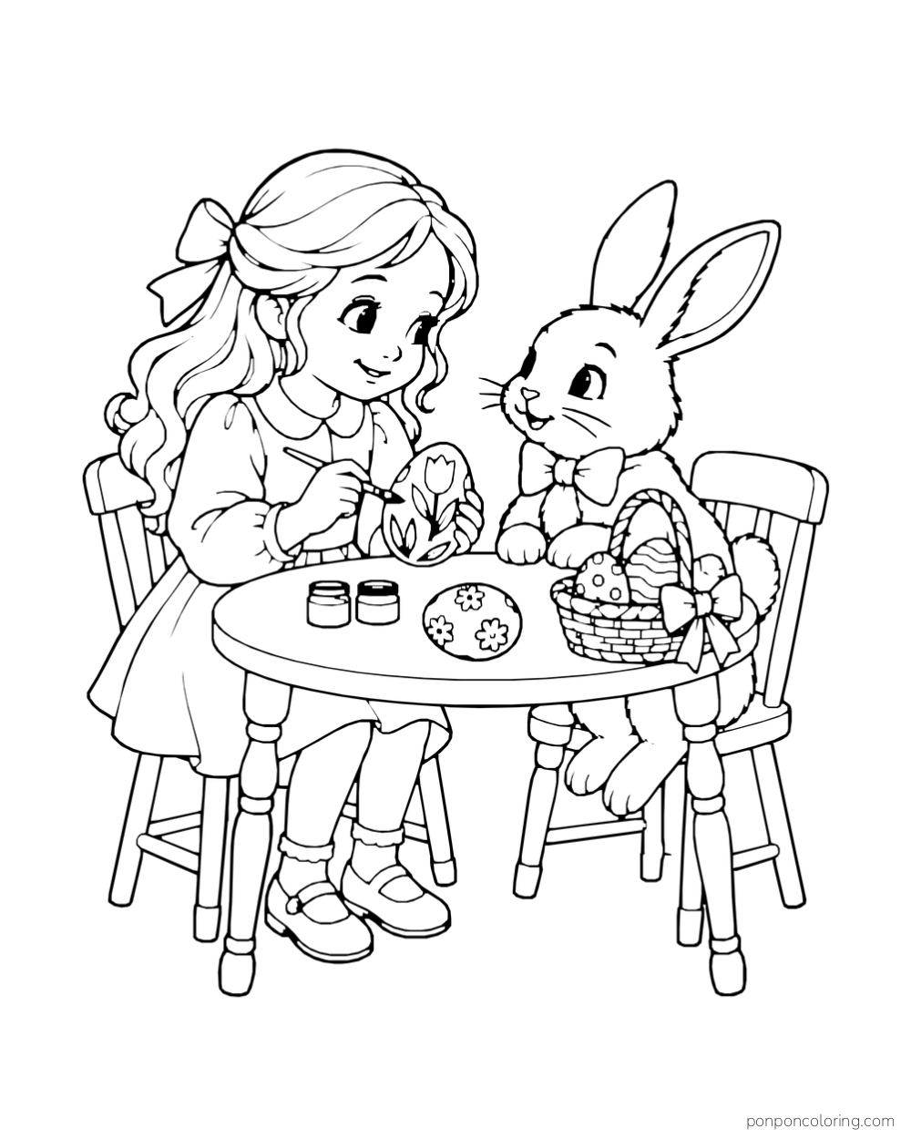 A child paints a tulip on an Easter egg while a rabbit in a bow tie sits beside a basket on the table.