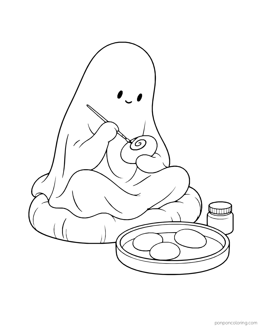 A ghost paints a spiral on a smooth stone beside paint jars and more pebbles.