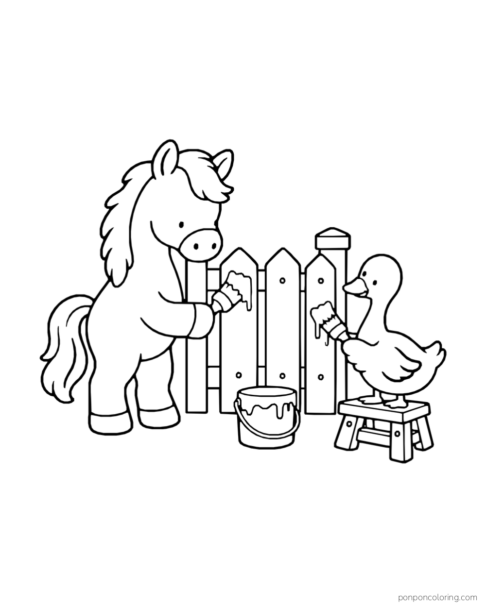 A pony and duck paint a picket fence beside a bucket of paint.