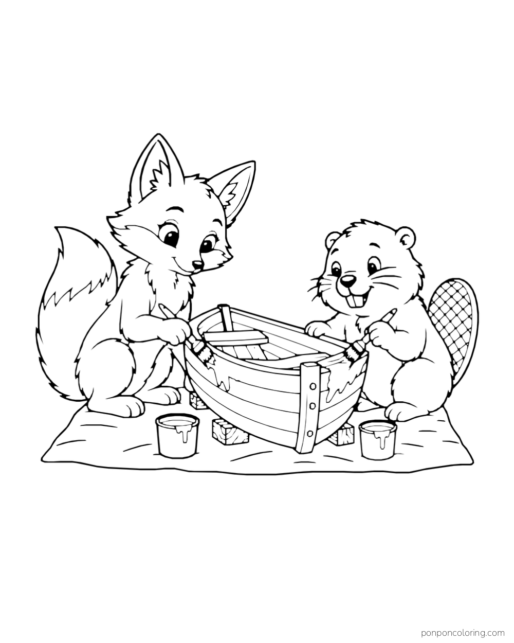 A fox and beaver work with brushes beside a small wooden boat and paint cups.