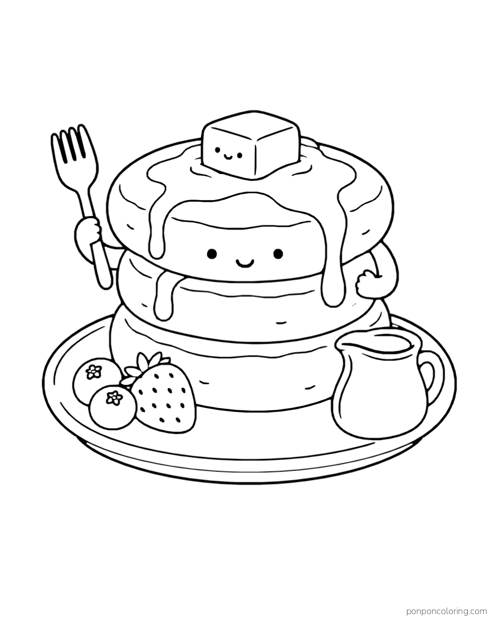 A stack of three pancakes holds a fork beneath a butter pat, with fruit and a small pitcher on the plate.