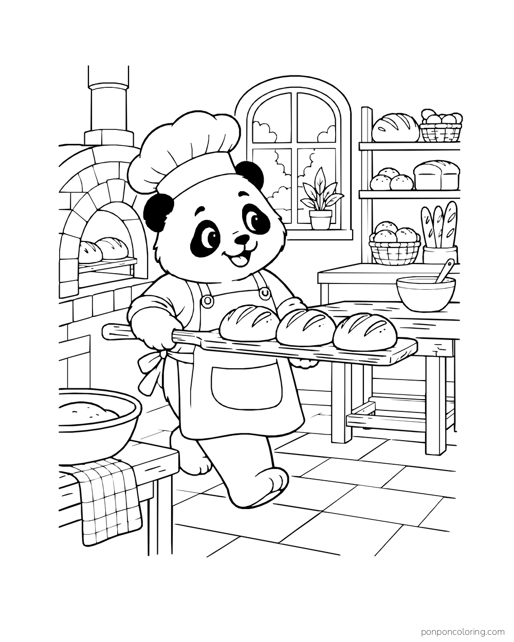 A panda baker carries a long board of fresh loaves through the bakery.
