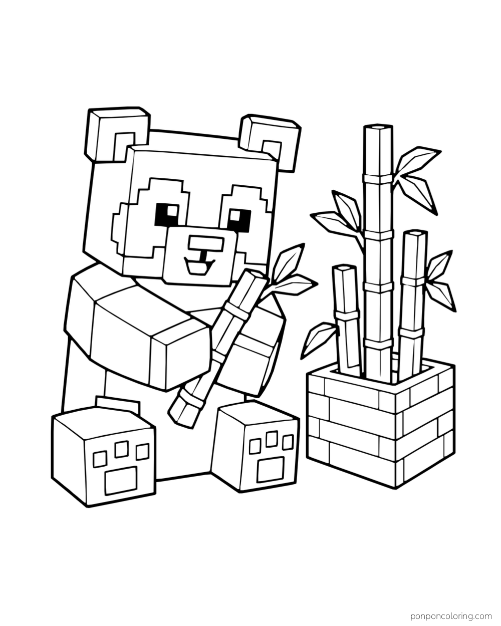 A blocky panda holds bamboo beside a square planter of bamboo stalks.
