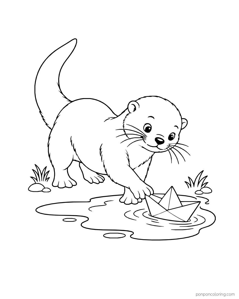 Otter nudging a folded paper boat into a small puddle.