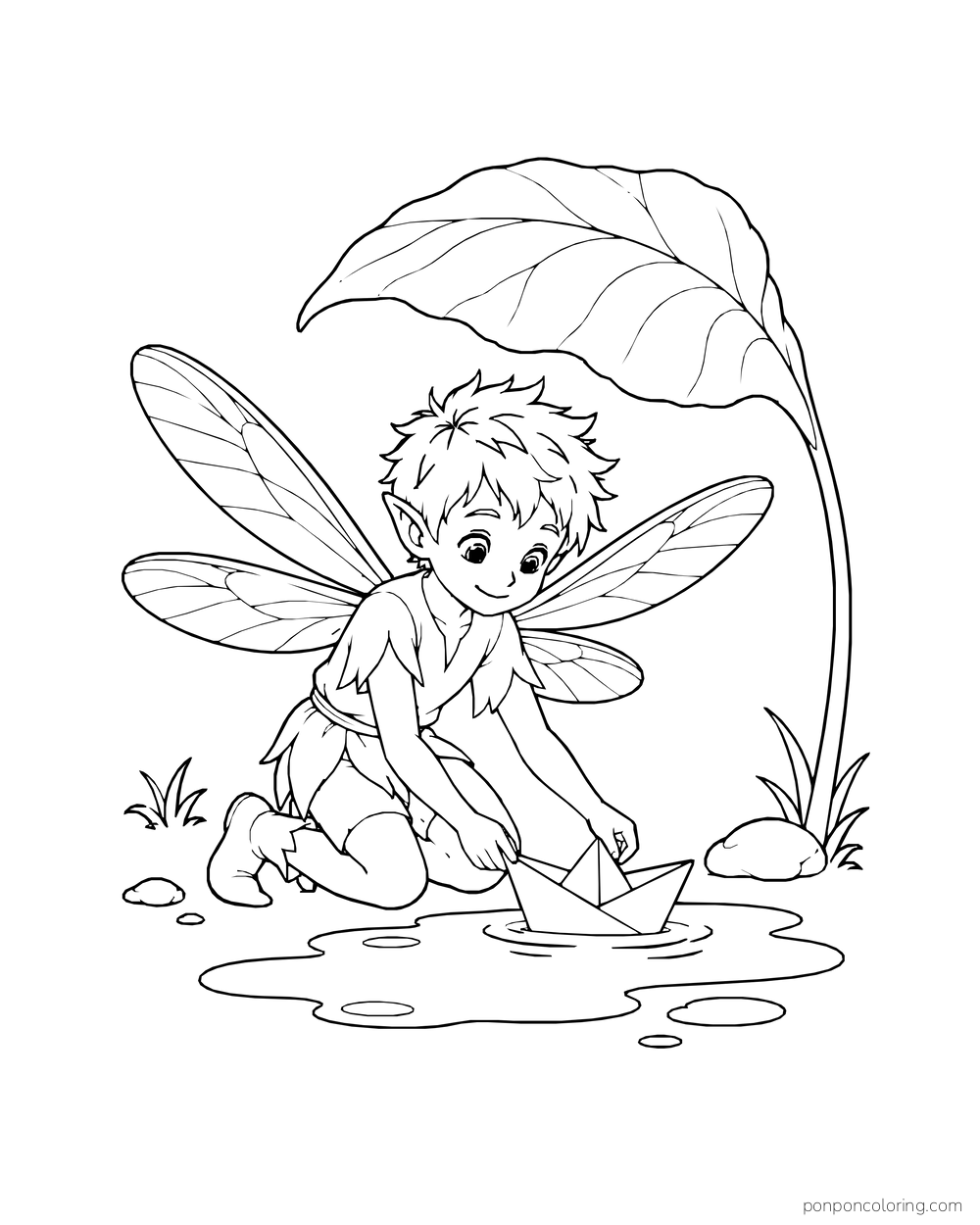 Boy fairy folding a paper boat beside a puddle beneath a large leaf.