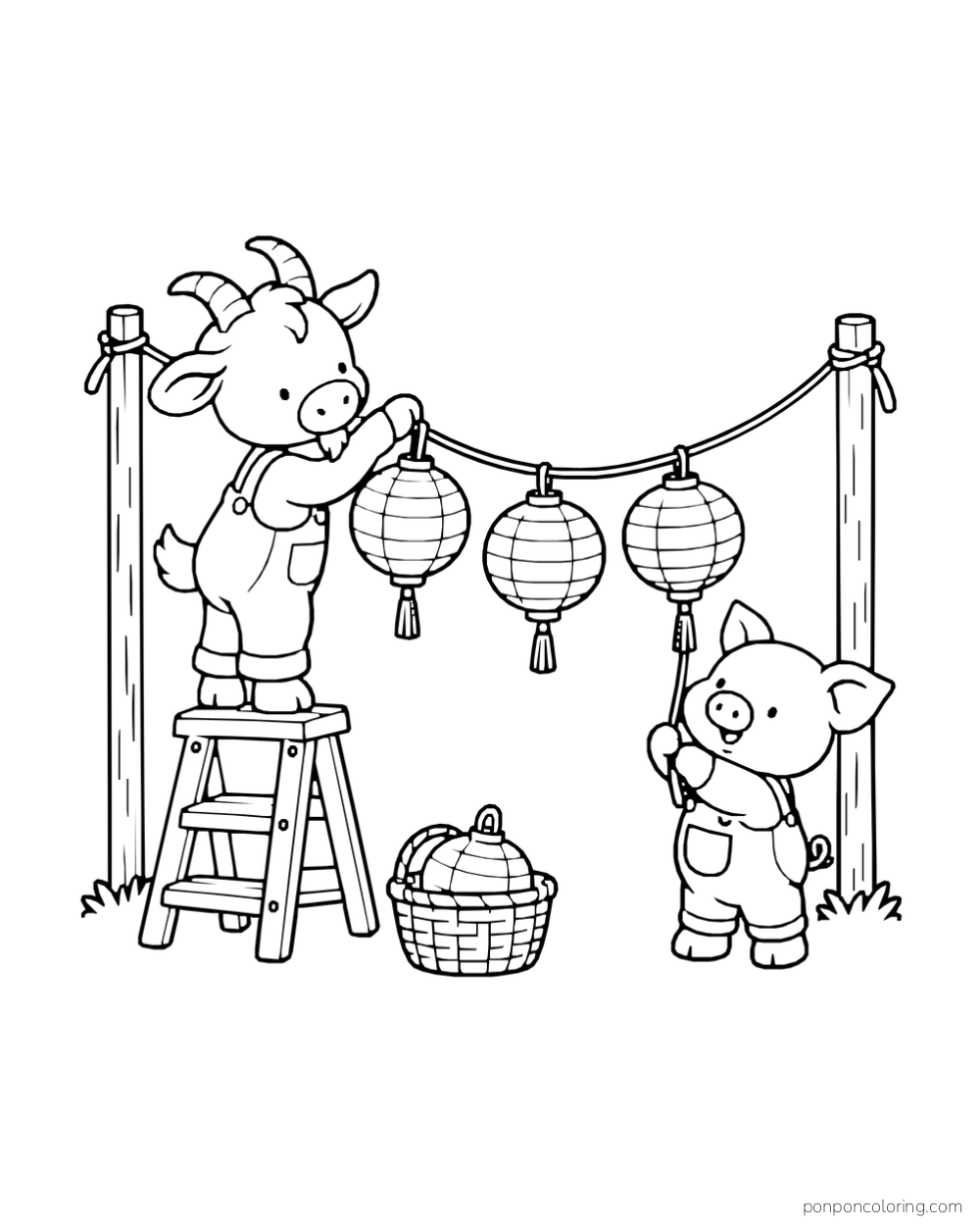 A goat on a stepladder and a pig hang paper lanterns between two posts.