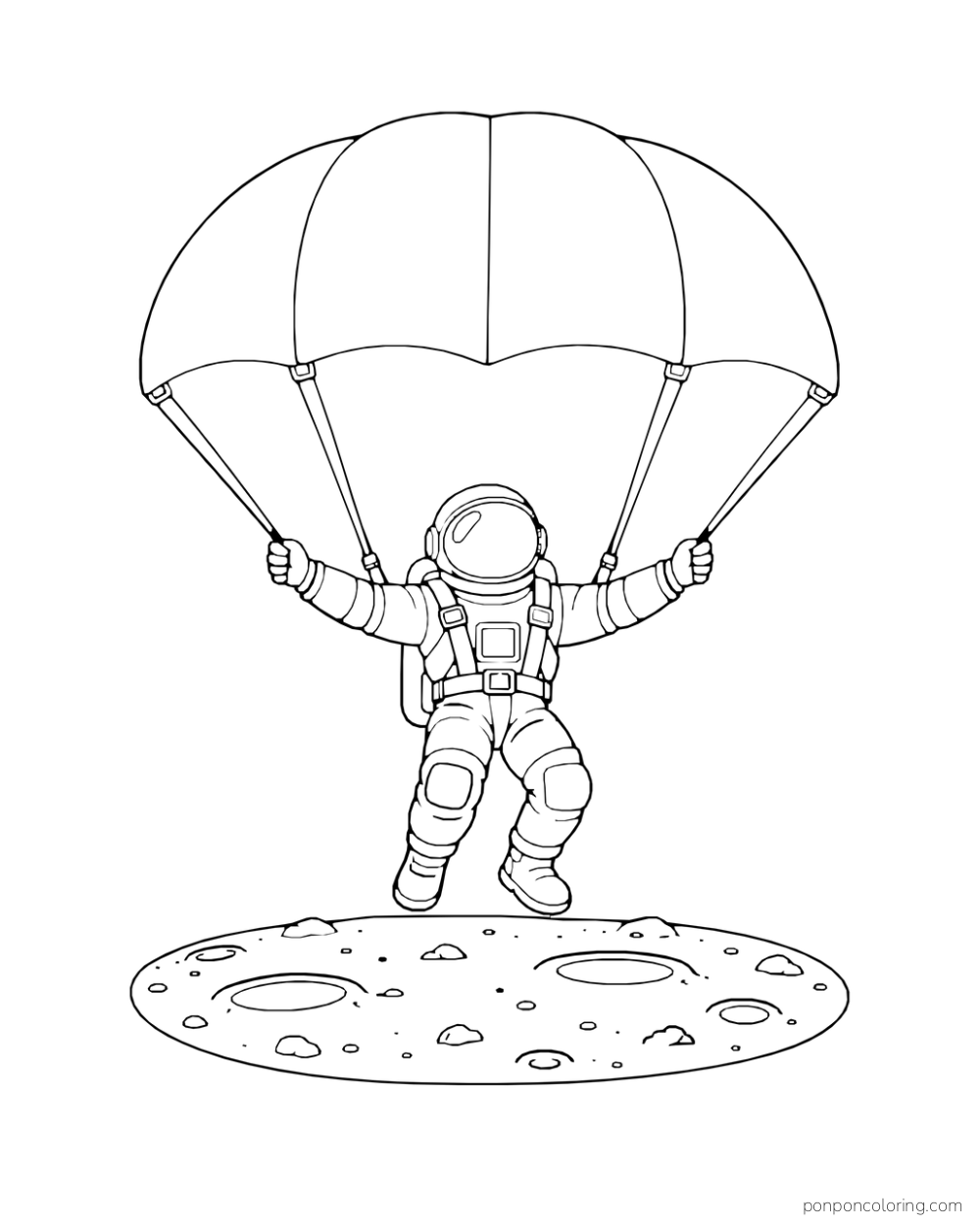 An astronaut grips the lines of a wide parachute above a cratered patch of ground.