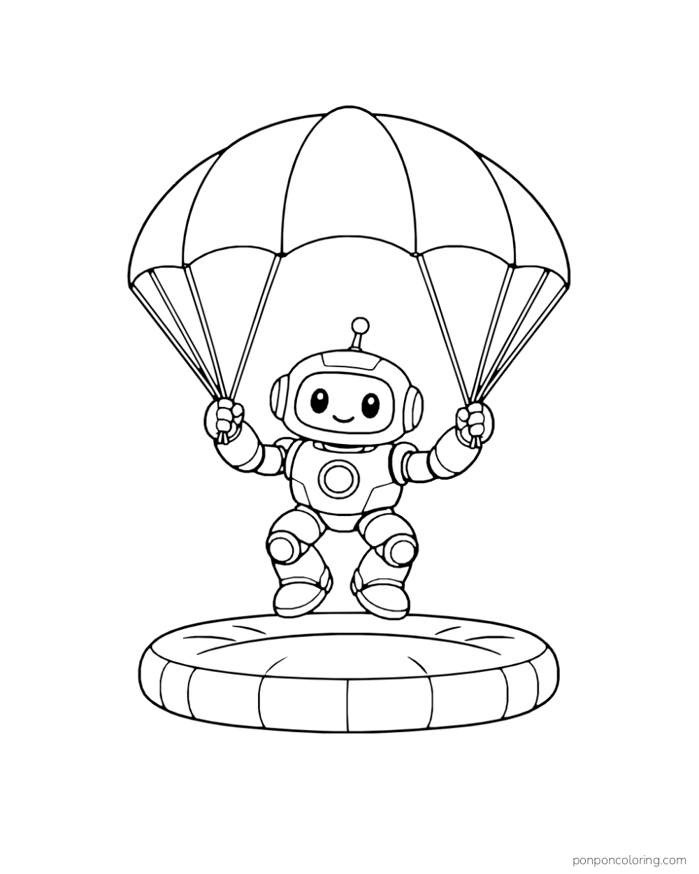 A small robot makes a low parachute training jump onto a padded mat.