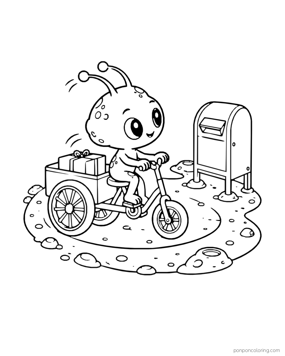 An alien pedals a cargo tricycle carrying a parcel toward a mailbox.