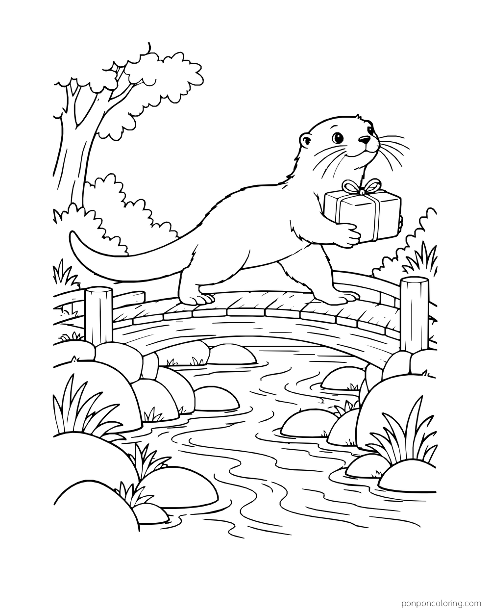 Otter carrying a tied parcel across a small wooden bridge over water.