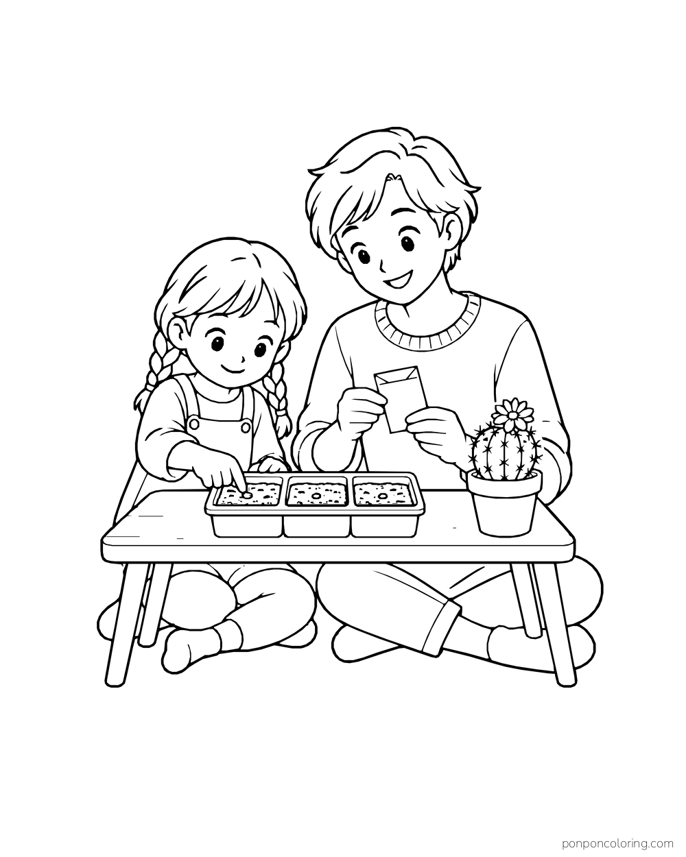 A child touches a soil cell in a seed tray while an adult holds a blank packet beside a potted cactus.