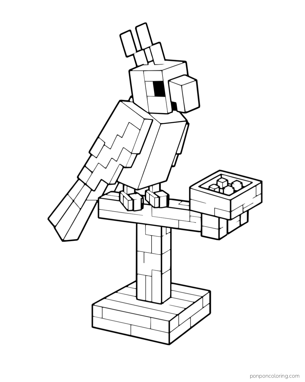 A blocky parrot stands on a complete wooden perch beside a food dish.