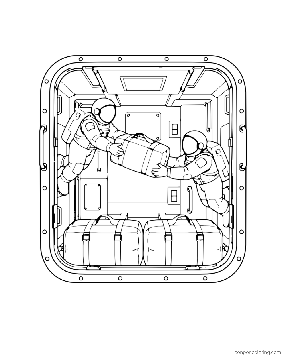 Two astronauts pass a long cargo bag across a station hold.