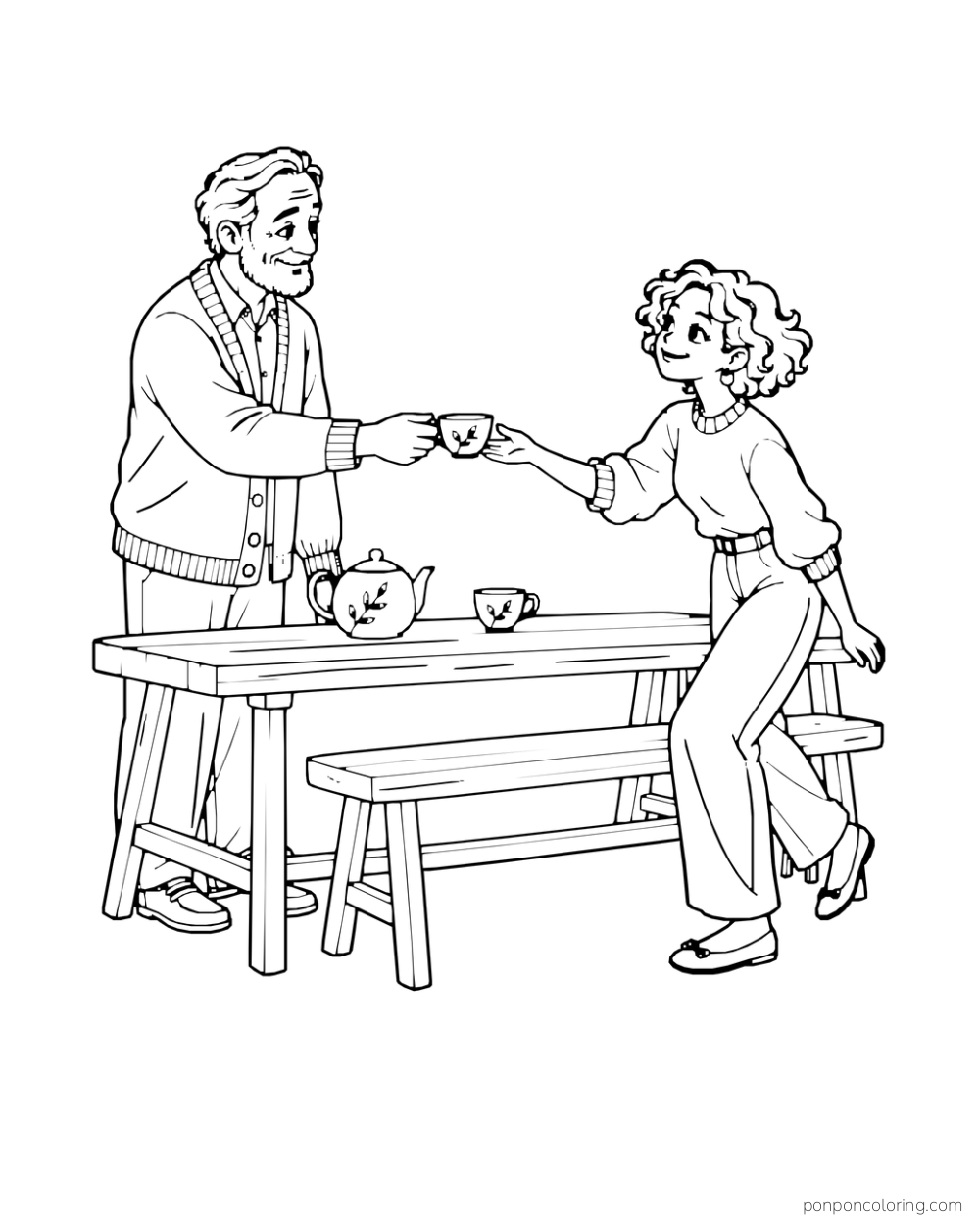 Older man passes a teacup to a curly-haired friend beside a long table and bench.