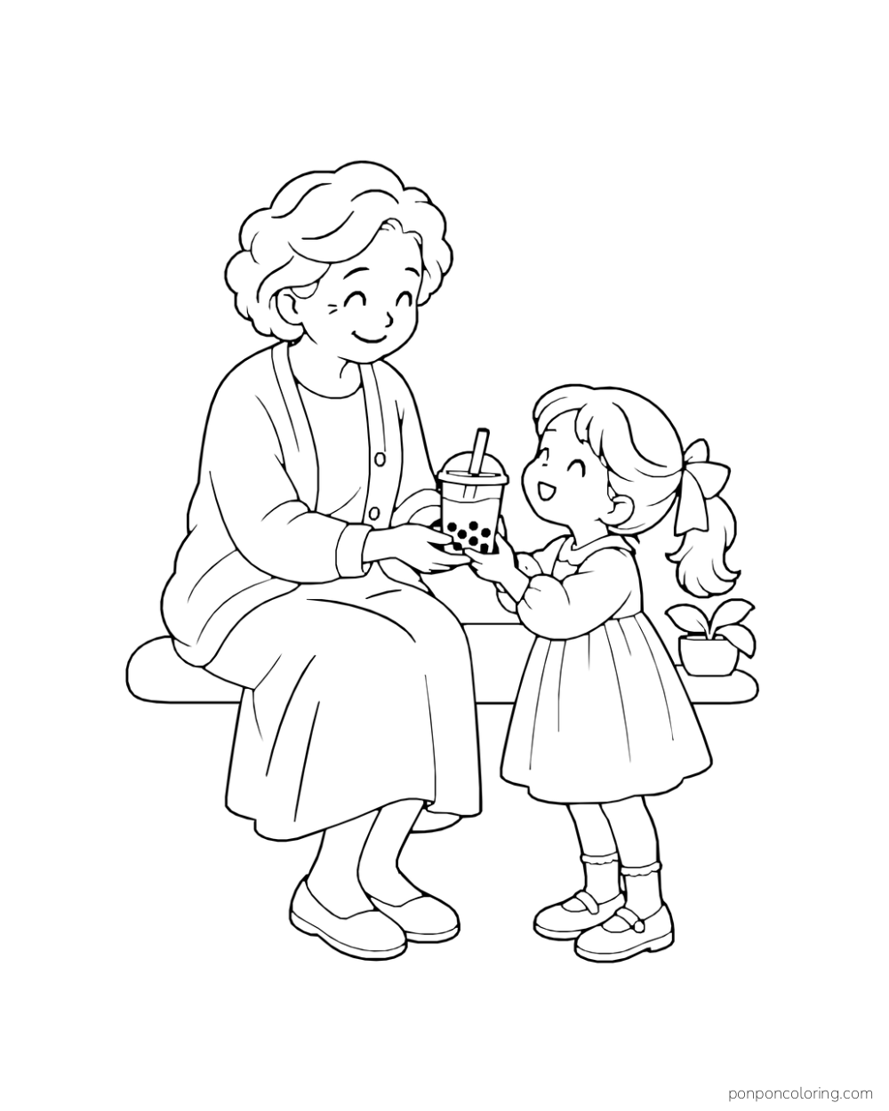 An older adult seated on a bench passes a boba cup to a child standing beside her.