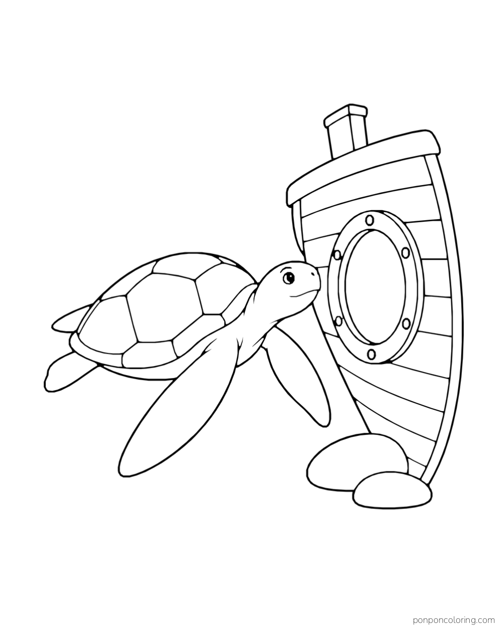 A sea turtle swims beside a simple sunken boat wall with a round porthole.