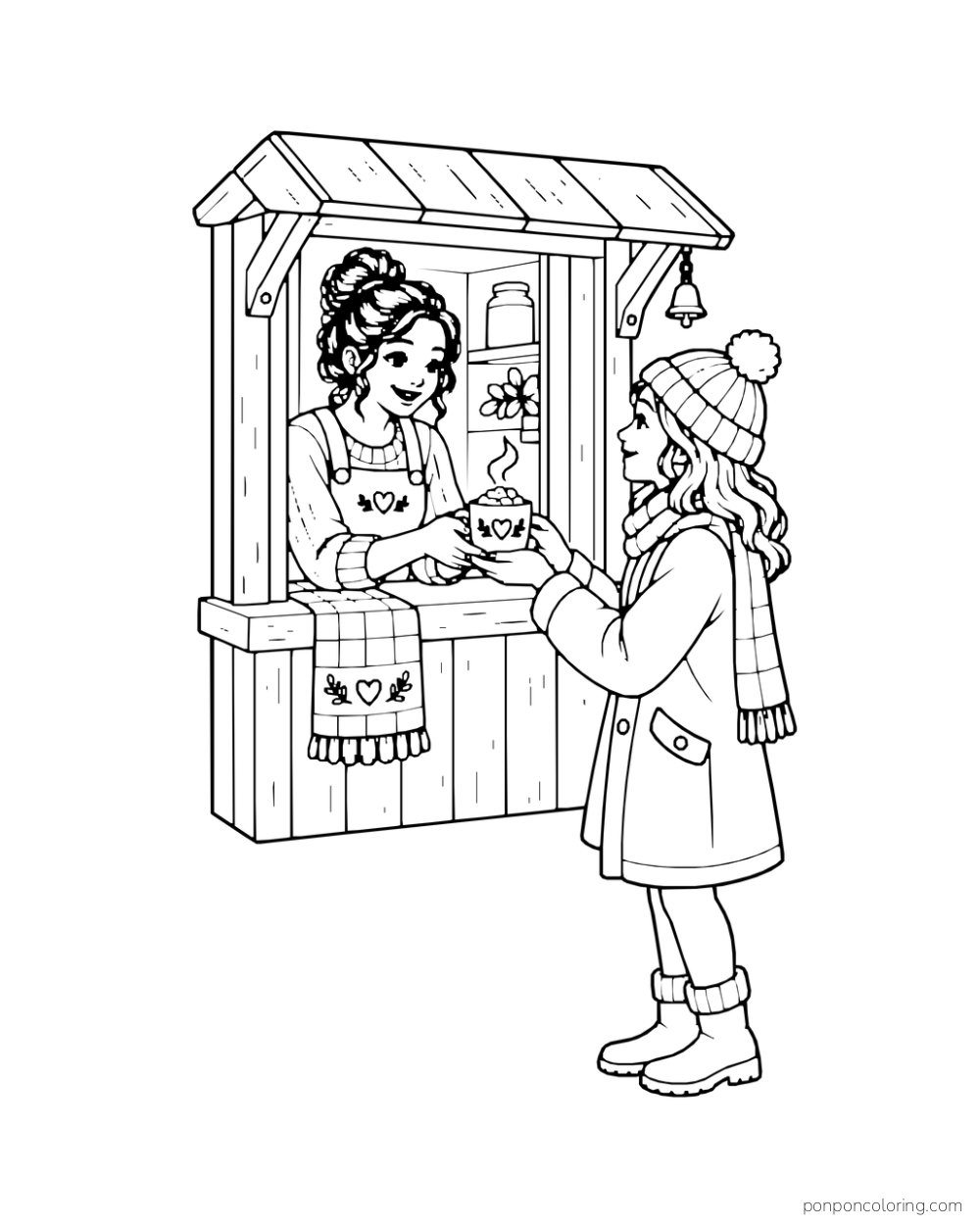 One person passes a cocoa mug through a small serving window to another bundled person.