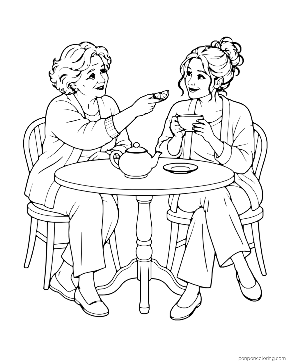 Older woman offers a lemon slice to a younger friend at a round tea table.