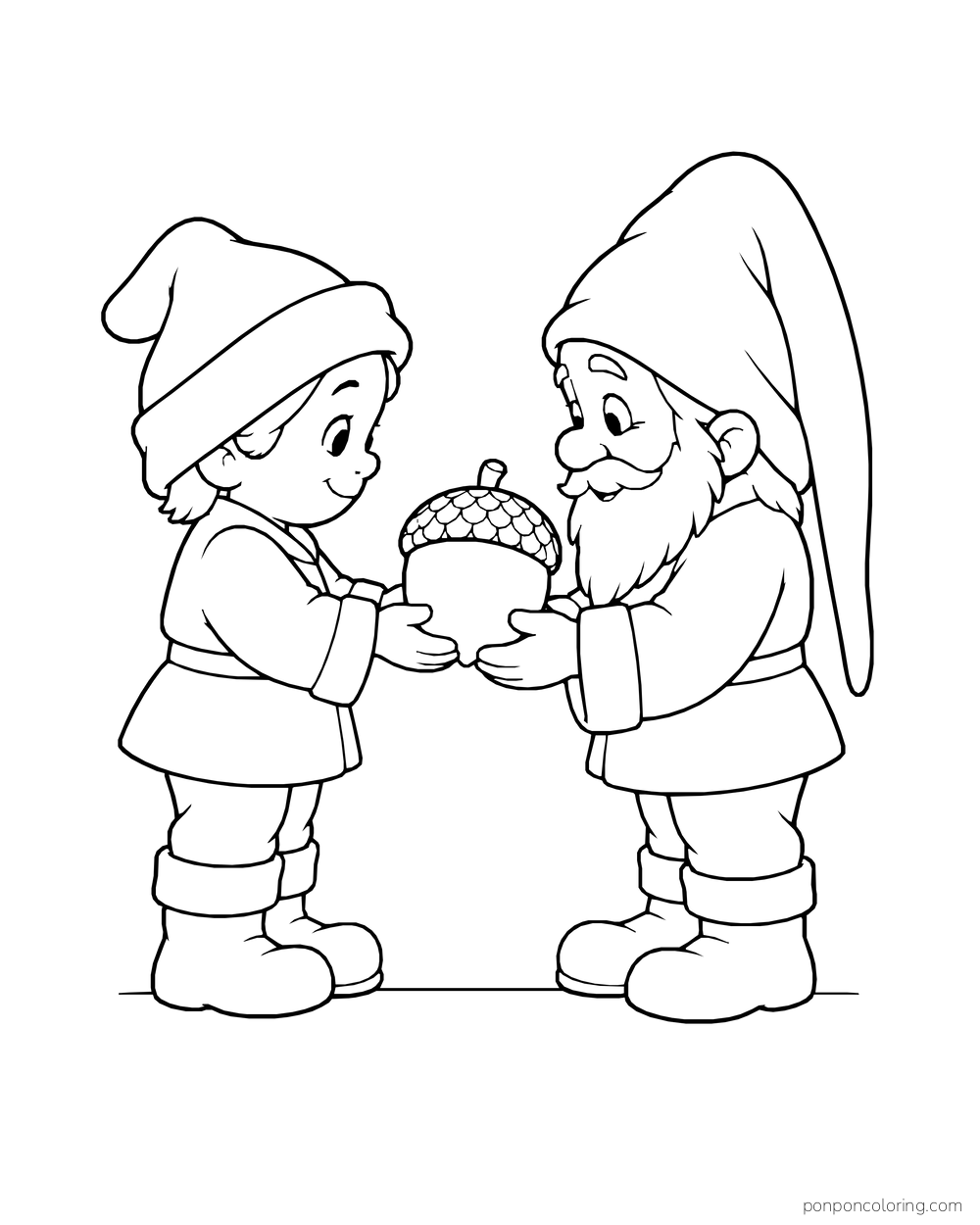 Two gnomes facing each other and passing one large acorn between their hands.