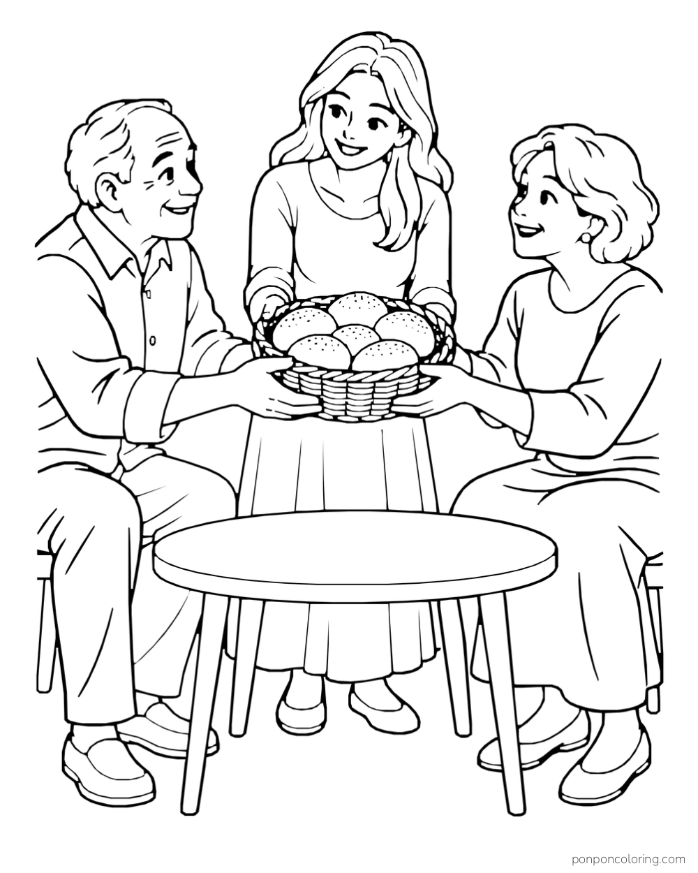 An adult holds a basket of round rolls between two seated adults at a small table.