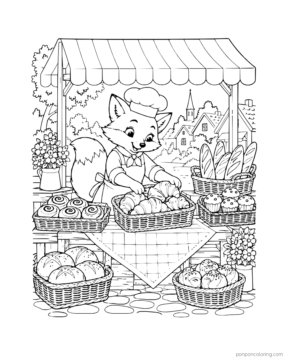 A fox baker arranges bread and pastries in baskets at an outdoor market stall.