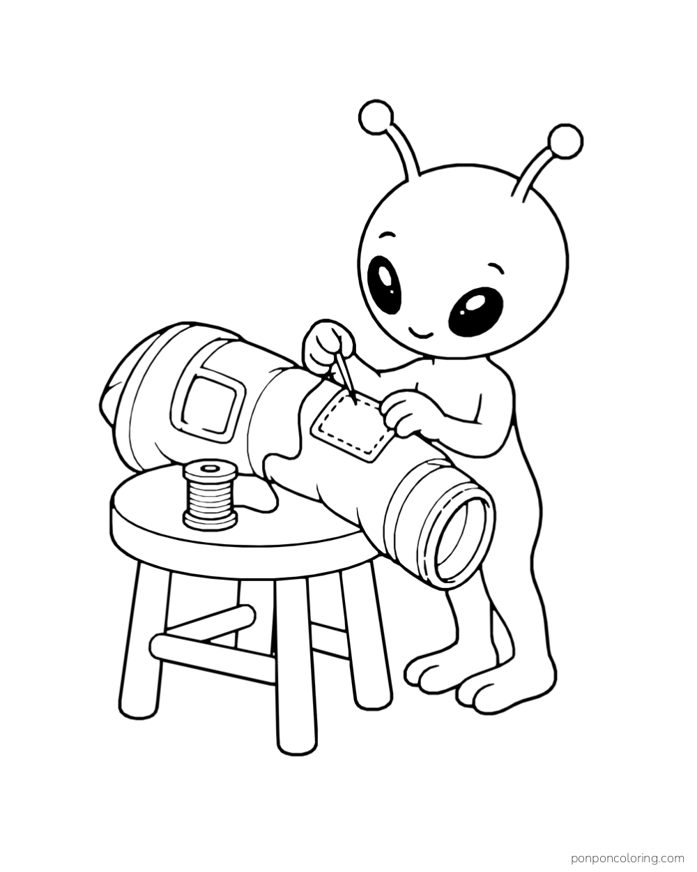 An alien sews a patch onto a spacesuit sleeve on a stool.