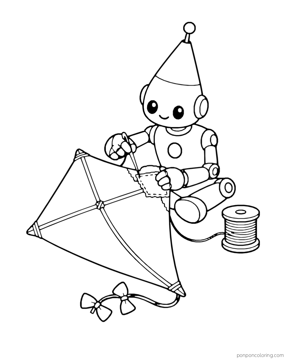 Robot sews a patch onto a kite.