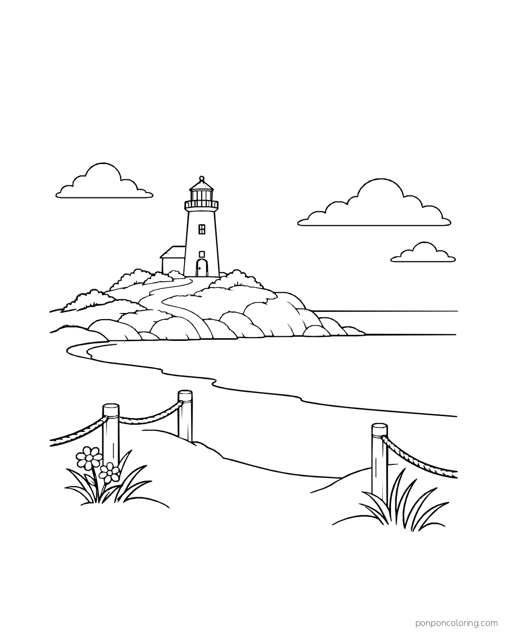A sandy path passes a rope fence toward a lighthouse on the coast.