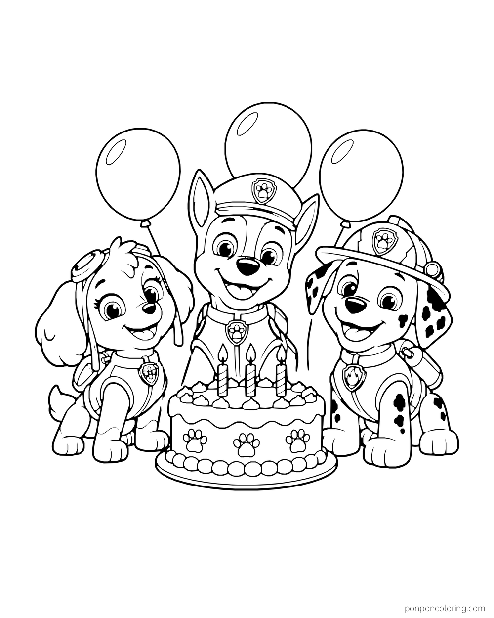 Skye, Chase and Marshall gather around a birthday cake beneath three balloons.