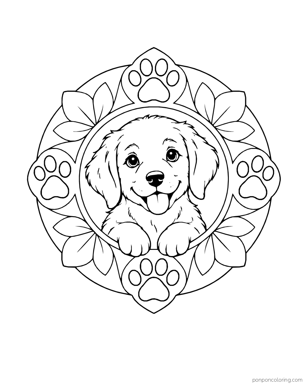 A puppy portrait rests at the center of a round ornament with paw prints and large petals.