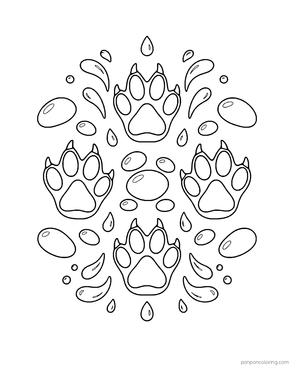 Four otter paw prints arranged among pebbles and water drops.