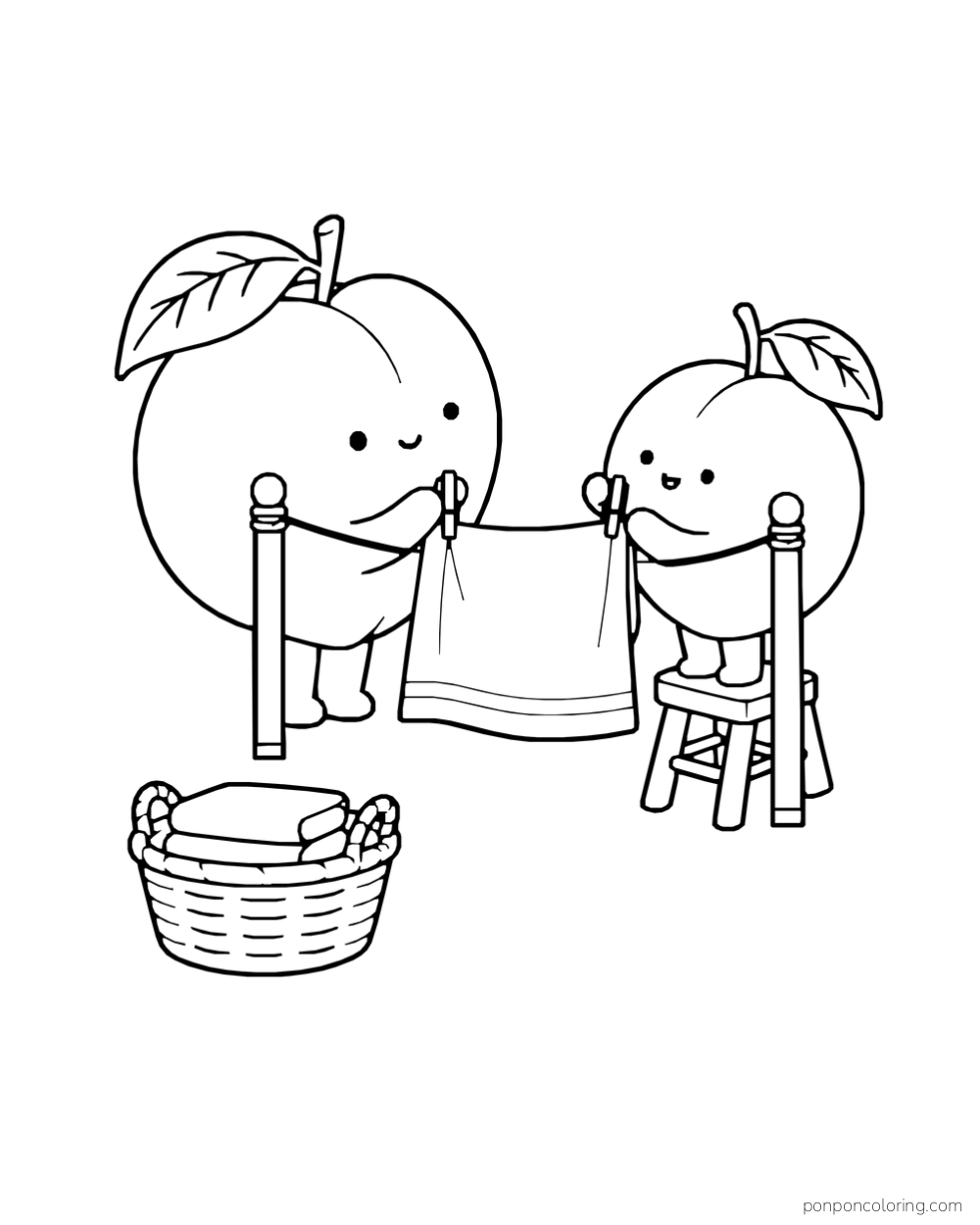 A peach and apricot clip a towel onto a clothesline beside a basket of folded laundry.