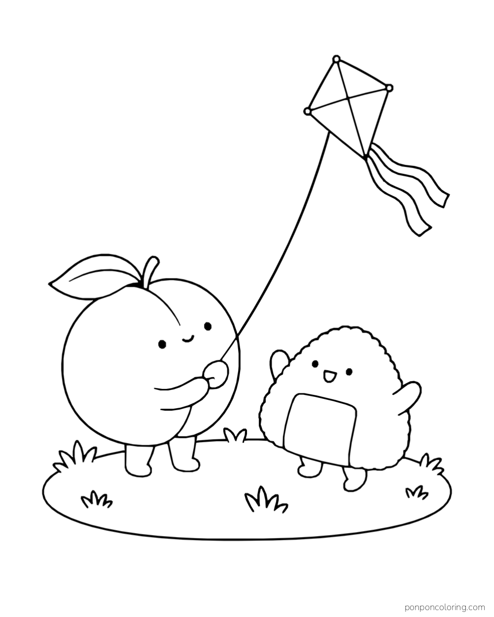 A peach flies a diamond kite while an onigiri raises its arms nearby.