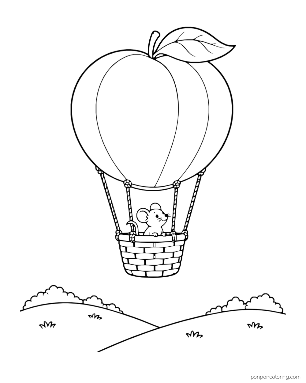 Peach-shaped hot-air balloon carrying a tiny mouse in a basket above low hills.