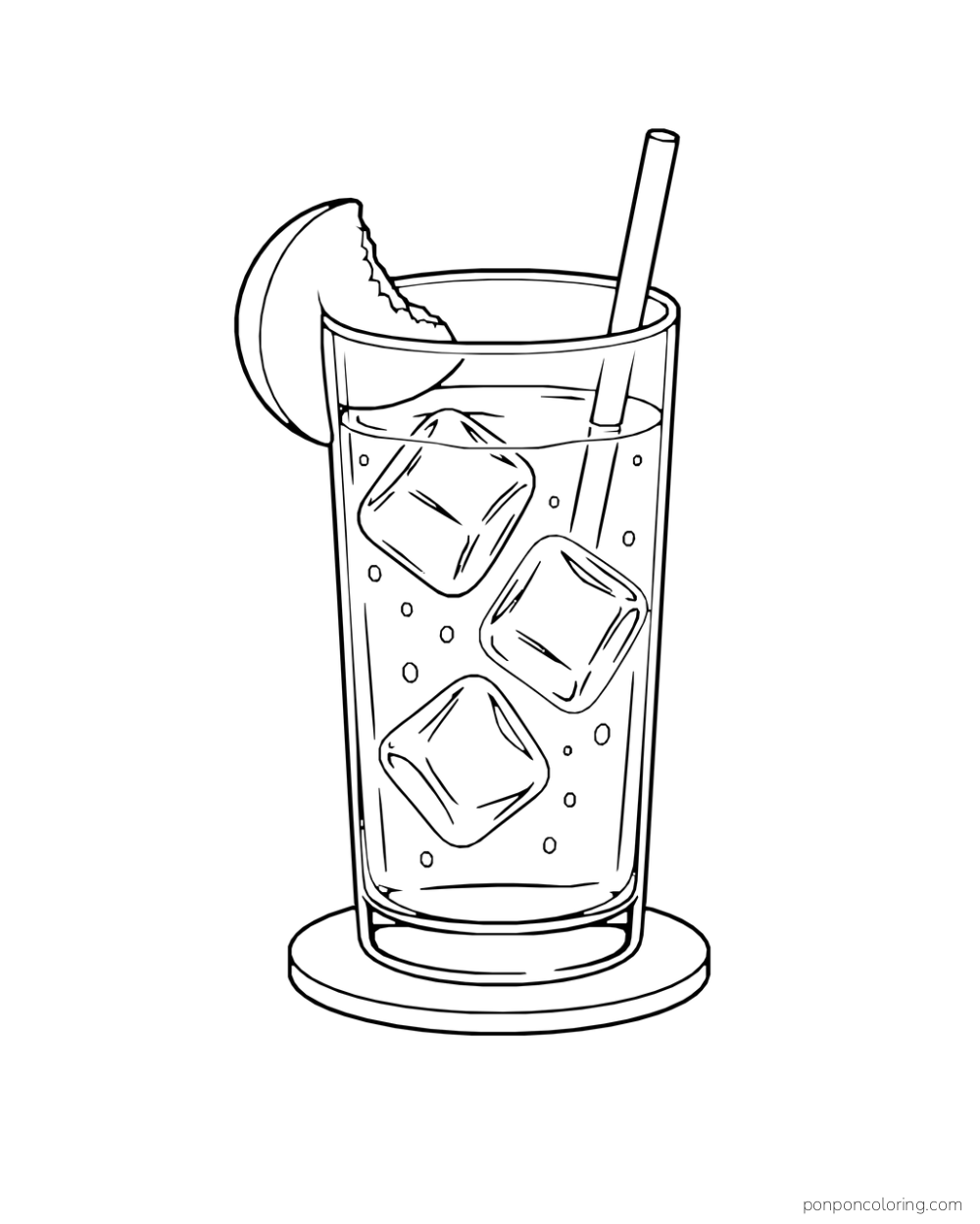 Tall drink with ice cubes, straw, and a peach wedge on the rim.