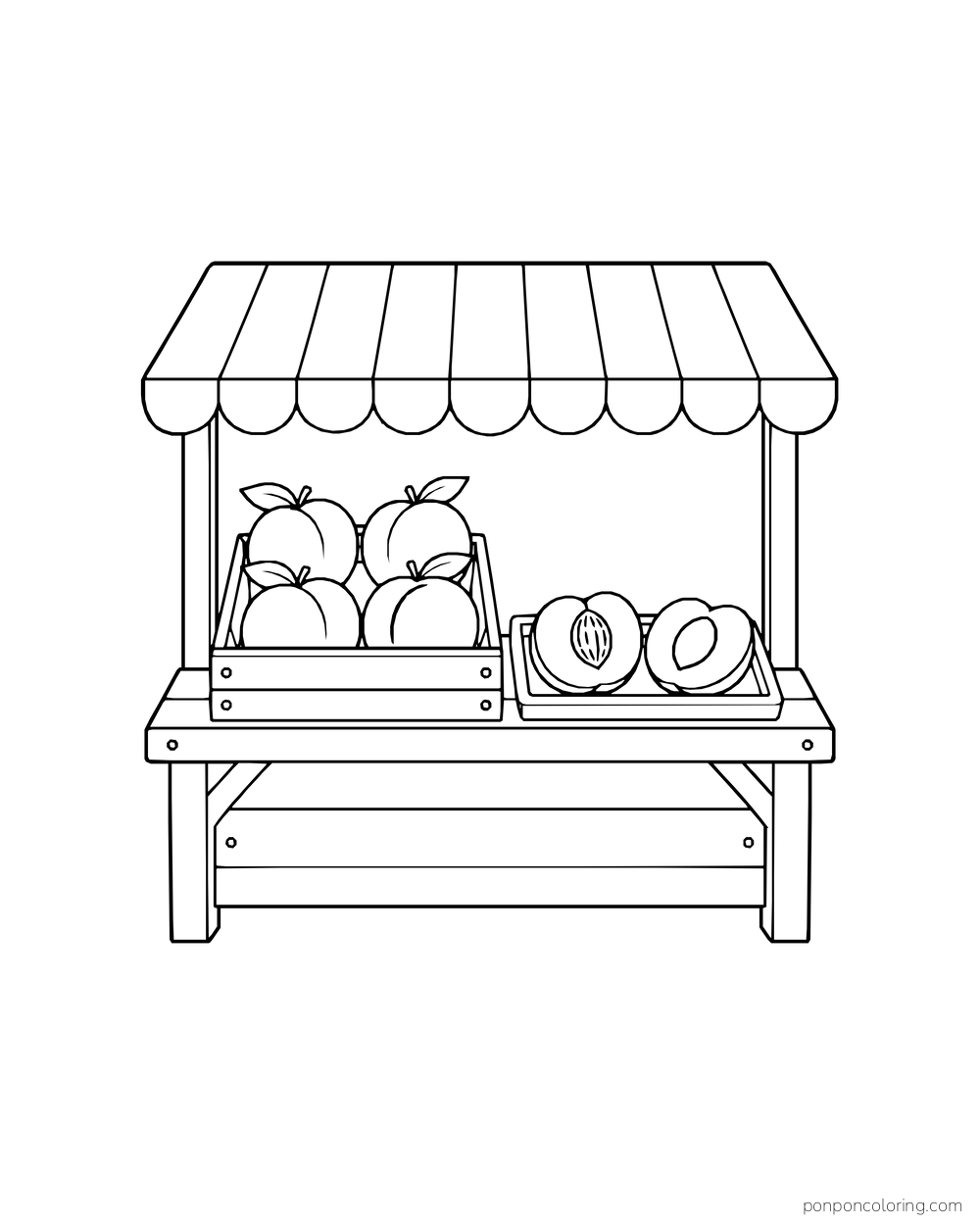 Wooden stand with a striped canopy, a crate of peaches, and two peach halves on a tray.