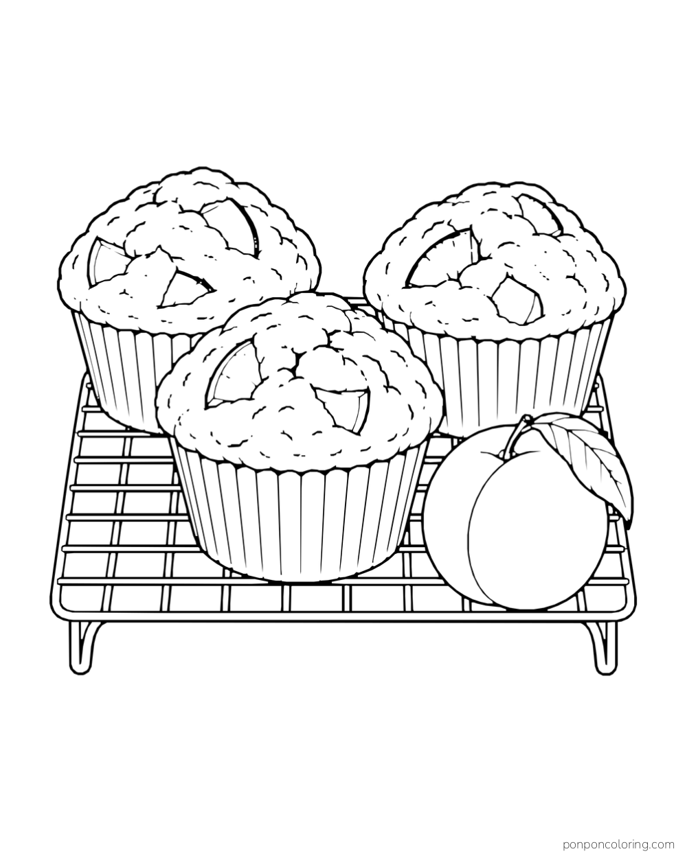 Three peach muffins on a low wire rack beside a whole peach.