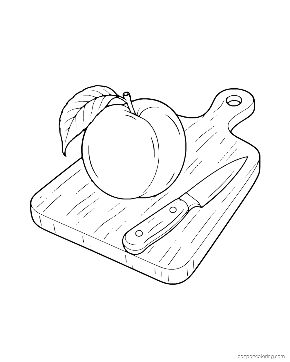 Whole peach beside a small knife on a wooden cutting board.