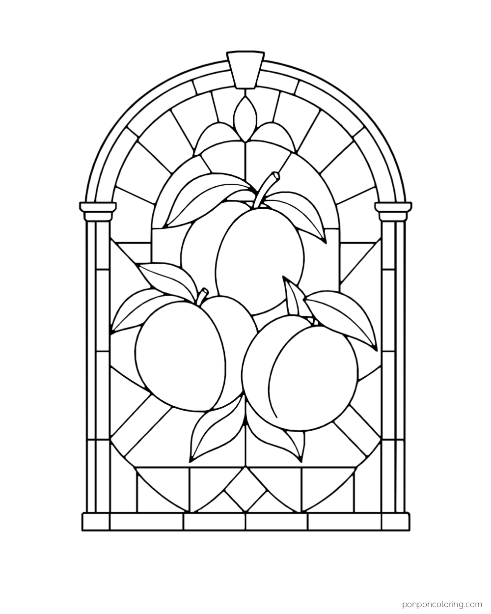 Three peaches set among broad geometric panes in an arched stained-glass window.