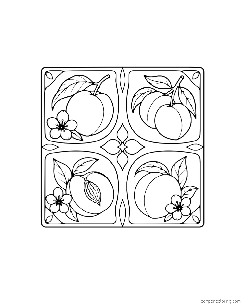 Square ceramic tile divided into four peach-and-blossom motifs.