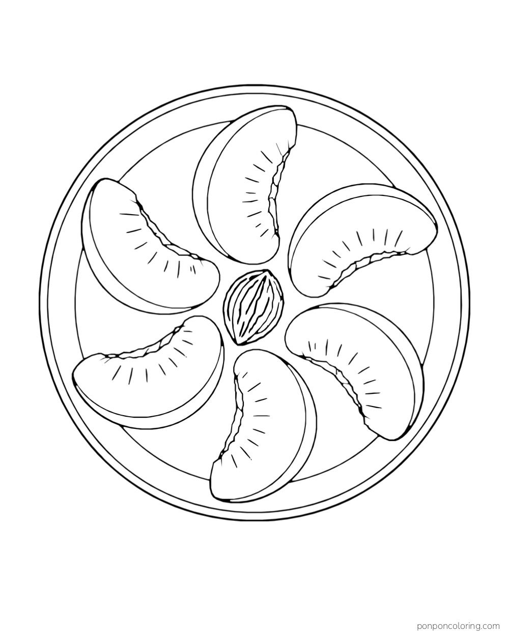 Five peach wedges arranged around a pit on a round plate seen from above.