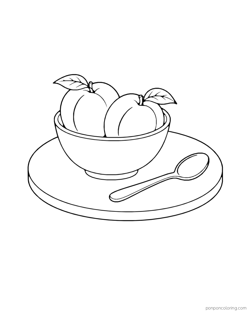 Two peaches in a short bowl beside a spoon on a small tabletop.